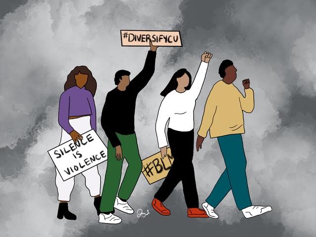 Artistic rendition of BIPOC Black Lives Matter activists protesting for greater diversity within the University of Colorado Boulder
