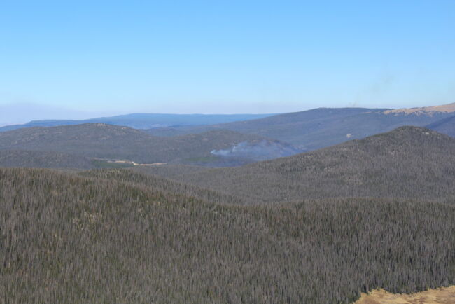 Cameron Peak Fire and pine beetle kill pictured from Rocky Mountain National Park, Colorado