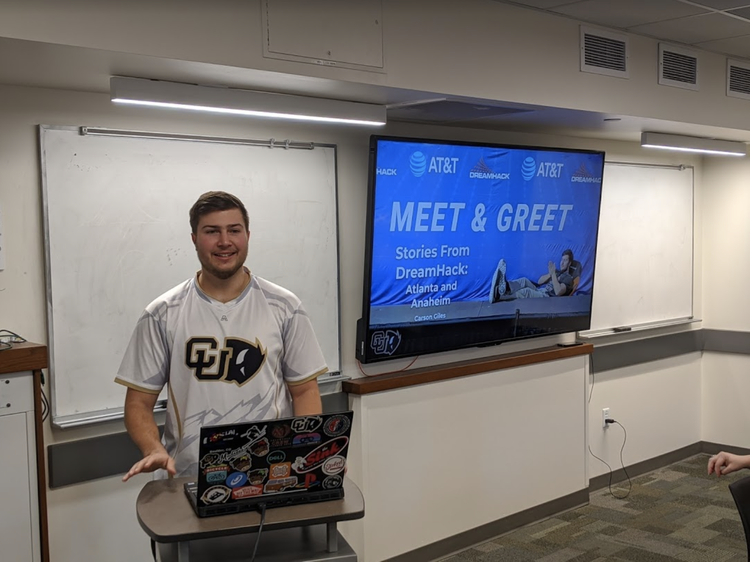 Carson Giles, CU Gaming’s Director of Marketing, giving a presentation about his experiences of working at DreamHack Anaheim 2020 to CU Boulder students and faculty in February 2020