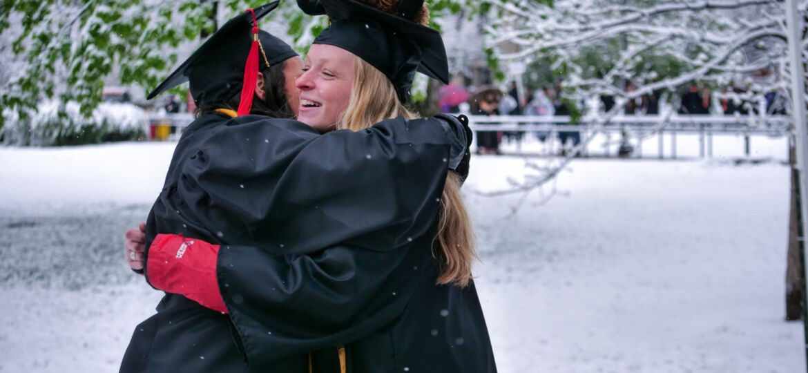 Scenes from the snowy 2019 May commencement (snow-mencement) at CU Boulder. (Photo by Glenn Asakawa_University of Colorado)