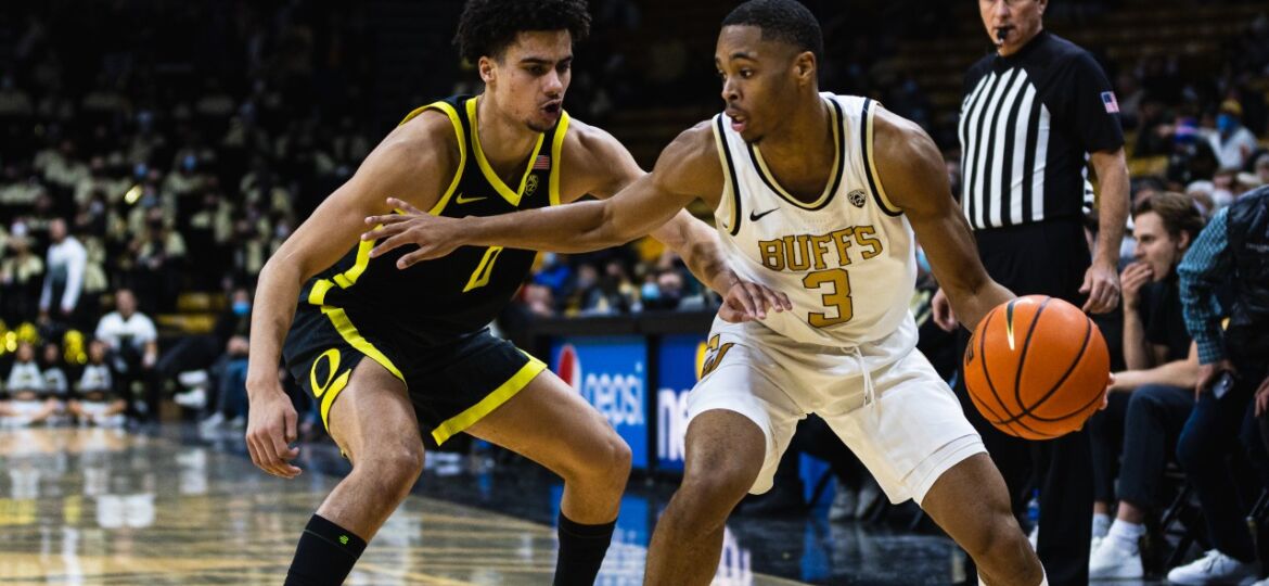 Will Richardson (0) defends Keeshawn Barthelemy (3) at the CU Events Center on Feb. 3. Harry Fuller The Bold CU