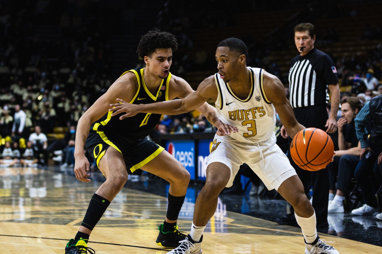 Will Richardson (0) defends Keeshawn Barthelemy (3) at the CU Events Center on Feb. 3. Harry Fuller The Bold CU