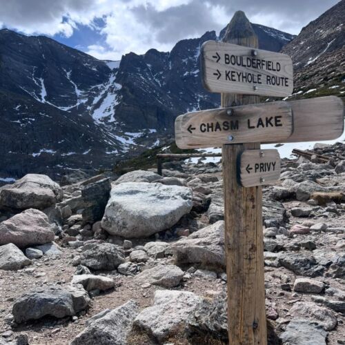 Chasm Lake sign in Rocky Mountain National Park