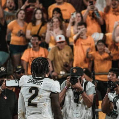 Colorado quarterback Shedeur Sanders got the last laugh over the Arizona State fans Saturday night at Mountain America Stadium in Tempe, AZ. Sanders finished with 239 passing yards and a touchdown in the Buffs’ 27-24 victory. (Photo by Talus Schreiber/Sko Buffs Sports)