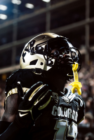 Colorado wide receiver/cornerback Travis Hunter celebrating after catching his first touchdown of the season. Hunter caught 13 passes for 140 yards and two touchdowns in his return. (Photo by Matthew Batchelder/Sko Buffs Sports)
