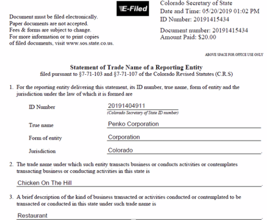 Registration of the Chicken on the Hill trade name under the true operating name, Penko Corporation, was filed with the Colorado Secretary of State's office in May 2019. (Colorado Secretary of State, The Bold/Cooper Baldwin)