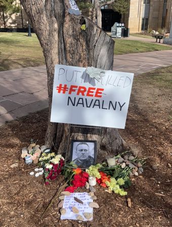 A memorial created for Alexei Navalny outside of the Boulder County Historic Court House on Pearl Street, on March 2, 2024. (Cooper Baldwin for The Bold)