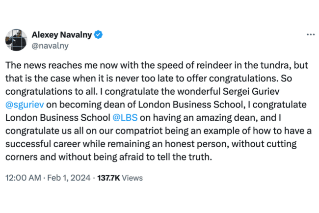 Alexei Navalny's X account congratulating Sergei Guriev on Feb. 1 (@navanly, X)