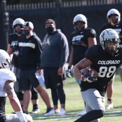 Former CU Buffs wide receiver Keith Miller III, right, is shown at a practice in Boulder during the 2020 season. (Courtesy CU Athletics)