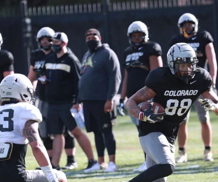 Former CU Buffs wide receiver Keith Miller III, right, is shown at a practice in Boulder during the 2020 season. (Courtesy CU Athletics)