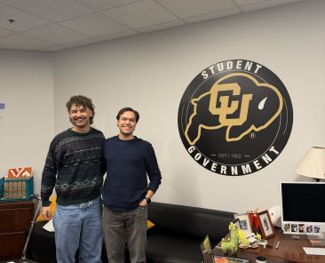Presidents Camden Sharkey (left) and John Masulit (right) in the entryway of the CU Student Government office. Photo by Ella Policastri.