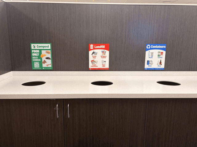 Color coded and image-based instructions guide students on where to dispose of waste all over campus. Photo taken Sept. 10, 2026. (Photo by Anjali Flagg)