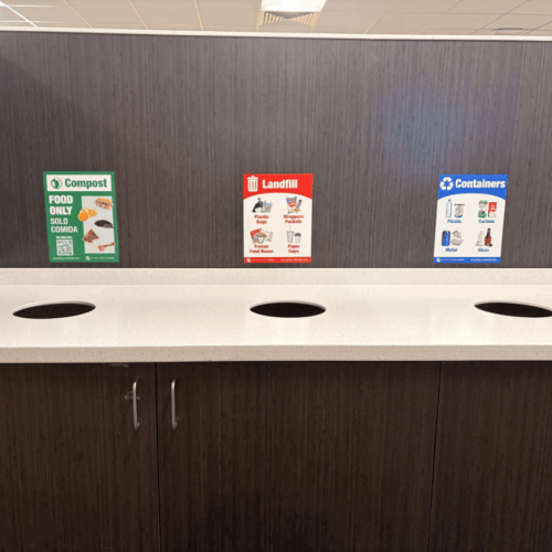Color coded and image-based instructions guide students on where to dispose of waste all over campus. Photo taken Sept. 10, 2026. (Photo by Anjali Flagg)